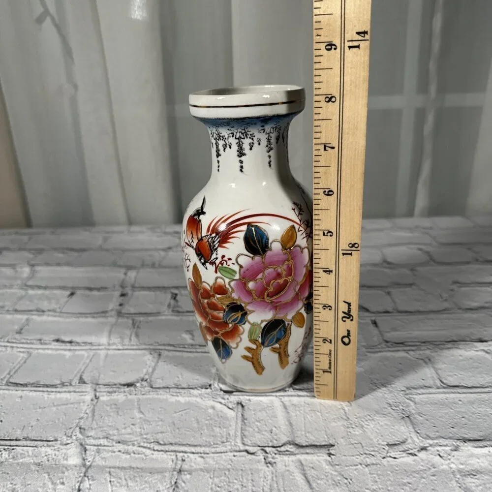Vintage Floral Bird Hand Painted Chinese Porcelain Vase 8”